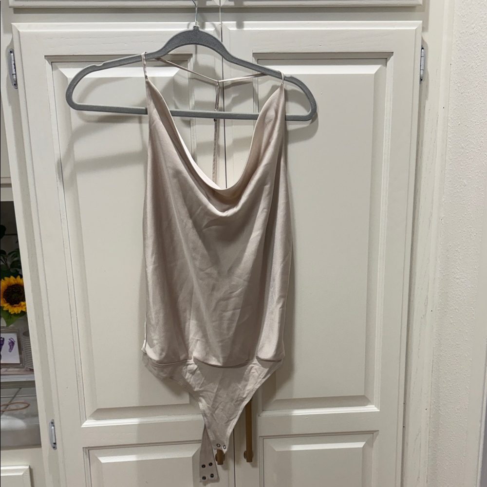 Abercrombie & Fitch Satin Cowl Neck Tank Bodysuit in Light Beige